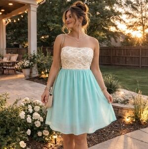 Y2K BEAUTIFUL Teal and Cream Strapless Summer Dress Lined Great Quality Sz M